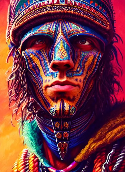 Image similar to portrait of jesse eisenberg, hyper detailed ultra sharp aztec shaman warrior. trending on artstation, warpaint aesthetic, bloodwave, colorful, psychedelic, ornate, intricate, digital painting, concept art, smooth, sharp focus, illustration, art by artgerm and greg rutkowski and h. r. giger, 8 k