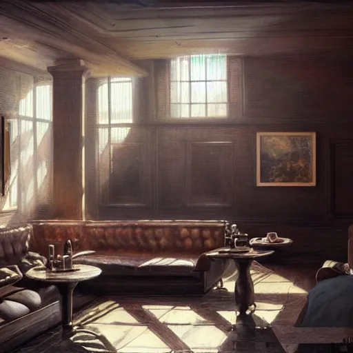 Image similar to epic masterpiece of cinematographic hyperrealism where a lot of people communicating with each other in a large lounge. realistic shaded lighting poster by craig mallismo, artgerm, jeremy lipkin and michael garmash, unreal engine, radiant light, detailed and intricate environment, digital art, art station trends