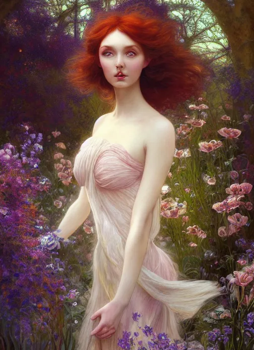 Image similar to hyper realist matte digital painting of a beautifyl fairy, resembling lily cole, in a sunlit clearing, flowers, fairytale, fantasy art, photo realistic, dynamic lighting, artstation, volumetric lighting, by mucha, by charlie bowater, by karol bak, by alma tadema