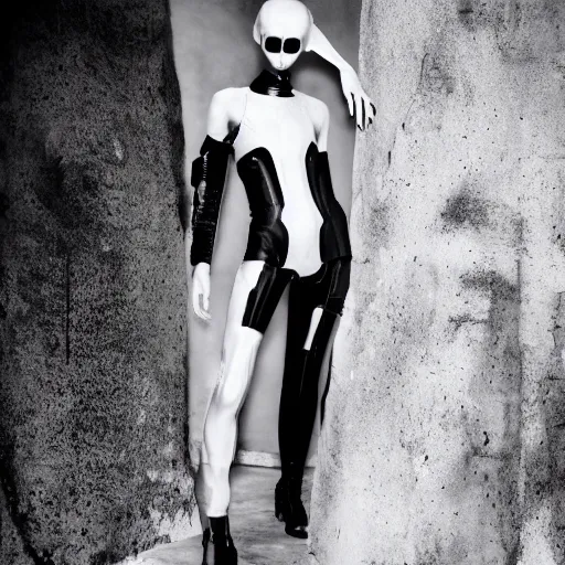 Image similar to fashion photography of an extraterrestrial model, with white eyes, wearing demobaza fashion, inside berghain, berlin fashion, harness, futuristic fashion, dark minimal outfit, photo 3 5 mm leica, hyperdetail, berghain, 8 k, very detailed, photo by nick knight