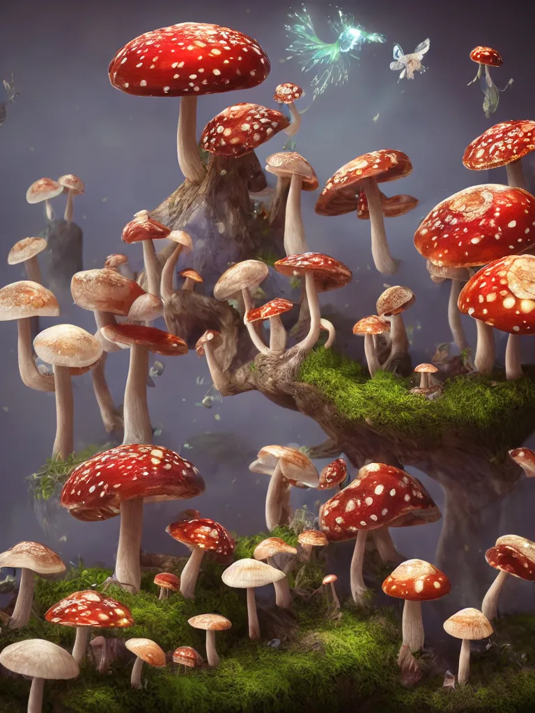 Image similar to fairy's dance in delight around a complex engine creating mushrooms, by viktoria gavrilenko, octane render, 8 k, beautifully lit