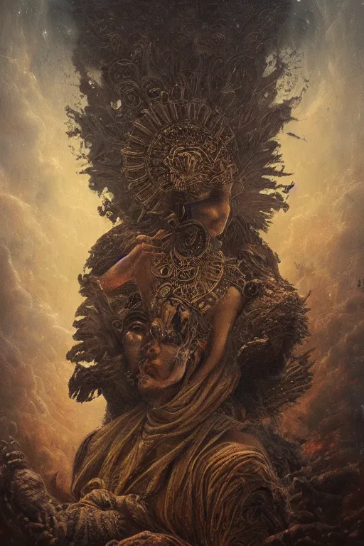 Image similar to Intricate stunning highly detailed deity by agostino arrivabene, Greg Rutkowski , surreal, digital painting, ultra realistic, Horror vacui, beautiful lighting, full moon, ravens, thick black swirling smoke tornado, burning fire embers, artstation