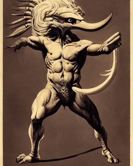 Image similar to a creature with the body and eyes of a man, beak of an eagle instead of a nose, the mane of a lion, two horns of an ox on the head. drawn by frank frazetta