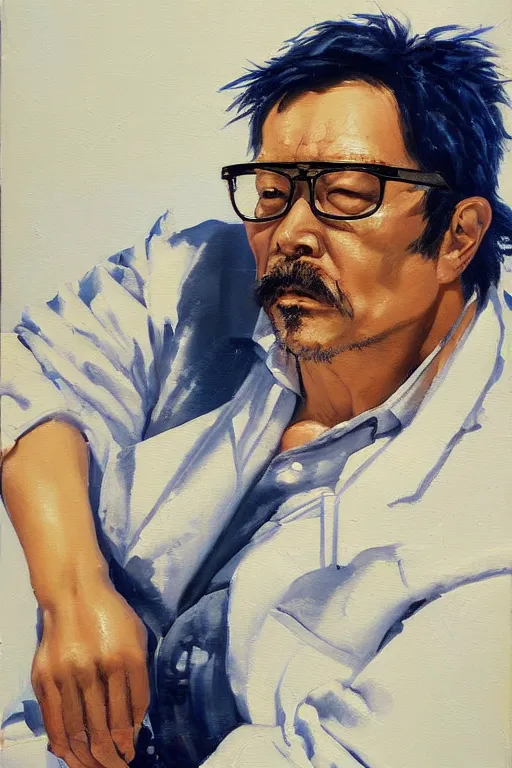 Prompt: a beautiful oil painting by hidenori yamaji and yoji shinkawa of a 5 5 years old stocky philosopher and multitalent figure, stubble, suspenders, glasses, with few ultramarine highlights, oil on canvas