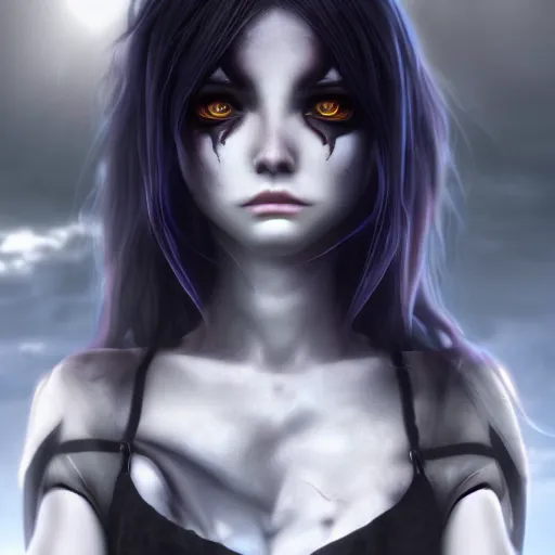 Image similar to photorealistic full shot portrait of angry darkness anime girl, electric aura, beautifull eyes, inspired by tim burton, detailed, unreal engine 4 k, volumetric light, fog