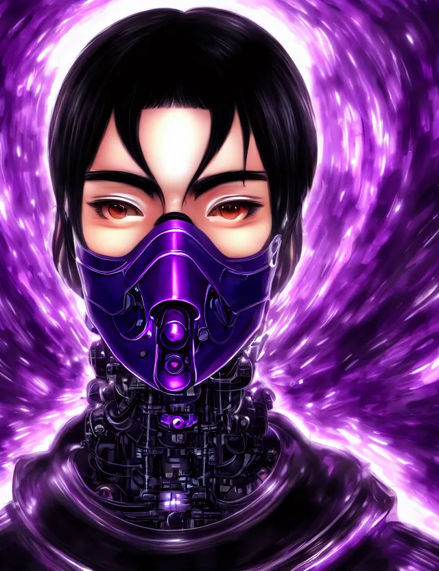 Image similar to a detailed manga portrait of a black haired man with a cybernetic body and face mask with purple fiery streaks, trending on artstation, digital art, 4 k resolution, detailed, high quality, sharp focus, hq artwork, coherent, insane detail, character portrait