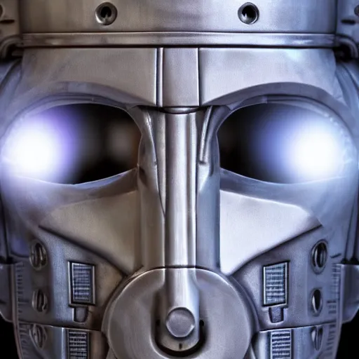 Prompt: close up realistic cyberman with half of his mask broken off showing david tennant, digital art cinematic lighting, render, fantasy