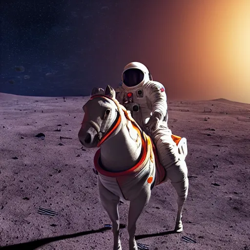 Image similar to professional photo of astronaut riding a horse on the moon, hyperrealistic masterpiece, trending on artstation, cgsociety, kodakchrome, golden ratio, cinematic, composition, beautiful lighting, hyper detailed, octane render, 4 k, unreal engine, low angle shot