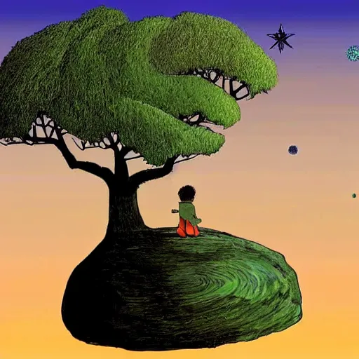 Image similar to a large tree rooted in a crystal planet floating in space, by exupery, the little prince