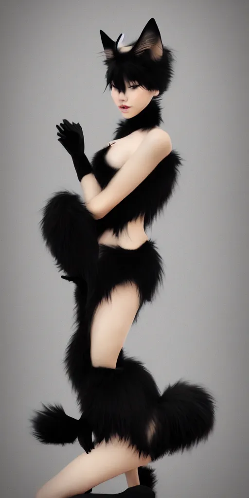 Image similar to full body aesthetic digital illustration of a beautiful young woman wearing a furry black dress, furry black cat ears and tail, by wlop and Julia Razumova, realistic, photorealistic, hyperrealistic, unreal engine, cosplay, octane, deviantArt, trending on artstation, artstation HQ