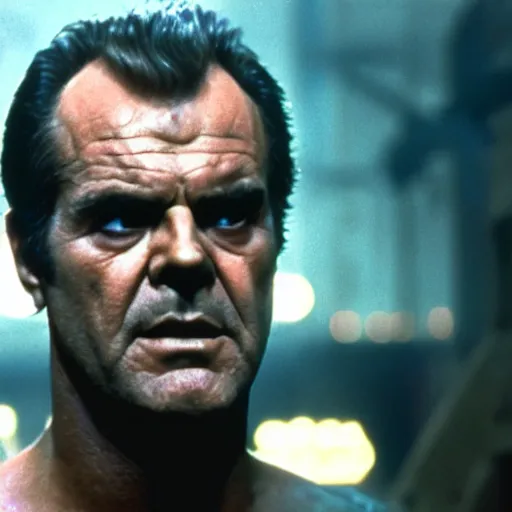 Image similar to 30 year old Jack Nicholson as Rick Deckard on blade runner 1982, movie still, in color, movie frame, detailed face, symmetrical face, 4k