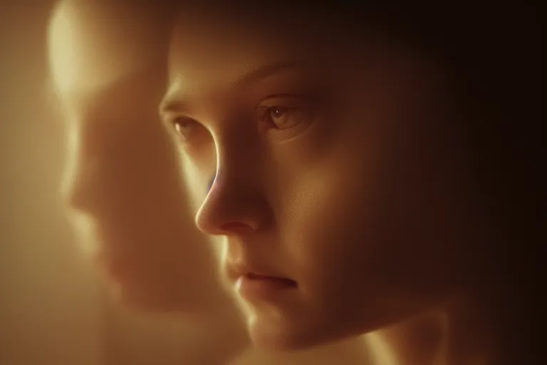 Image similar to an ultra realistic, cinematic, close up portrait, of a young woman, looking in mirror at older self, fire, dramatic, soft light, dreamy, facial features, stood in a cell, with prison clothing, detailed, deep focus, movie still, dramatic lighting, ray tracing, by michal karcz and yoshitaka