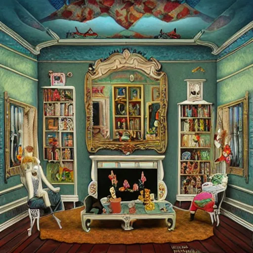 Image similar to a house with many rooms , lowbrow surrealistic, in the style of Mark Ryden,