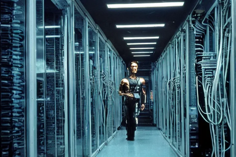 Image similar to t 8 0 0 from movie terminator 1 9 8 4, staying in data center.