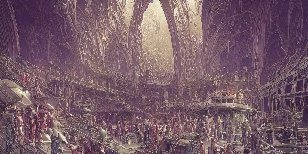 Image similar to matte illustration, cinematic shot of the interior of a scifi space station with ornate elven architecture bustling with people by jean giraud moebius, crystalline, emerald, highly detailed matte illustration by moebius, clean lines, sharp focus, intricate, elegant