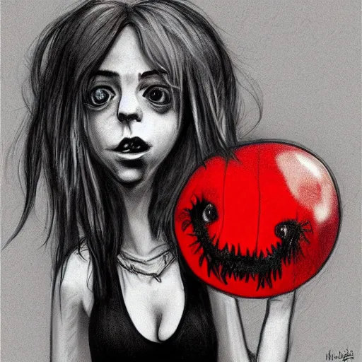 Image similar to surrealism grunge cartoon portrait sketch of billie eilish with a wide smile and a red balloon by - michael karcz, loony toons style, rick and morty style style, horror theme, detailed, elegant, intricate