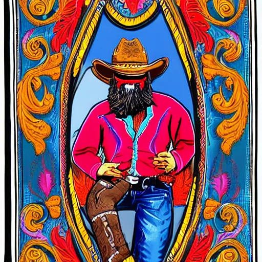 Prompt: bearded cowboy, portrait, highly colorful illuminated borders, persian folkore artstyle