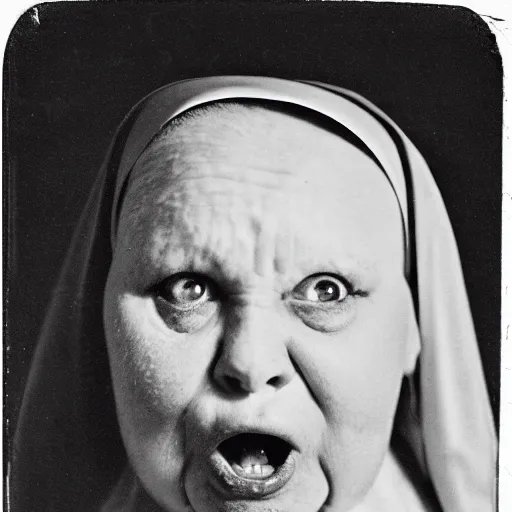 Prompt: antique photograph of an evil catholic nun, cracked and faded photo paper, morbidly obese, crazy eyes wide open, horror, staring at the camera, headshot, dark background, low light, dark