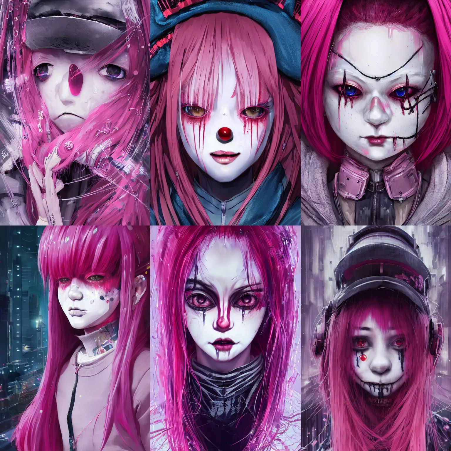 Prompt: by kyoto animation, very creepy clown cybergirl pink hair, tears from the eyes, wearing cyberpunk intricate streetwear, beautiful, detailed portrait, intricate complexity, ilya kuvshinov, cell shaded, 4 k, concept art, by wlop, ilya kuvshinov, greg rutkowski, sharp focus, volumetric lighting, cinematic lighting