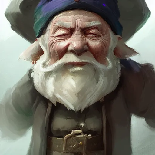 Prompt: old gnome wizard in the style of Greg Rutkowski, realistic painting, high definition, digital art, very detailed