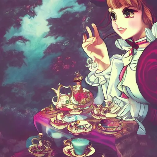 Image similar to Alice in wonderland in the style of shojo manga, Sailor moon, John Singer Sargent, mysterious atmosphere, tea party