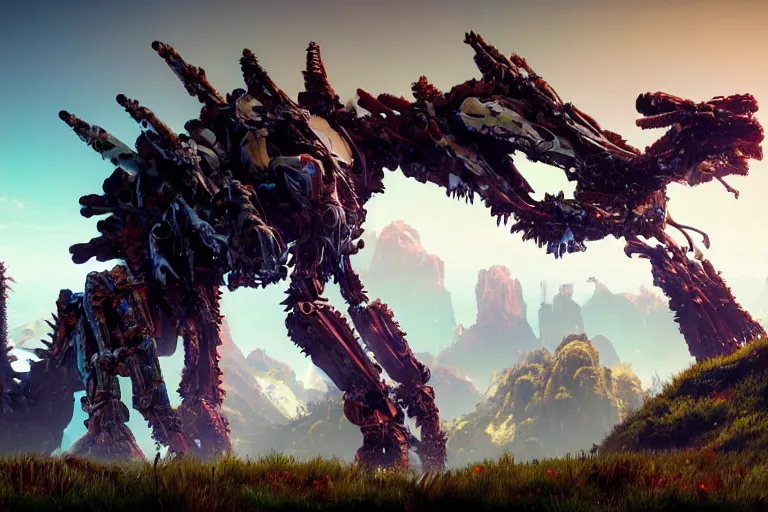 Prompt: wide epic shot. a hyper detailed spikesnout evangelion realistic mechanical and organic creature similar look as horizon forbidden west horizon zero dawn, bioluminiscence in a dark deep forest at dawn in spring, with reflection and textures, by kilian eng, substance painter reaslitic mech surface metal painted scratches, world env from horizon forbidden west horizon zero dawn