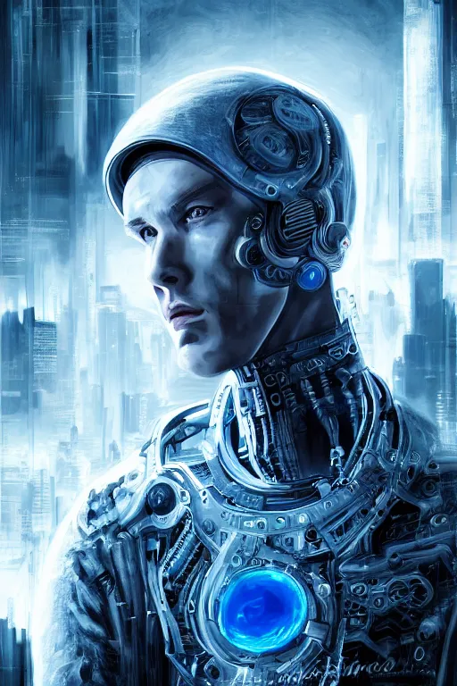 Prompt: ultra realist and ultra intricate detailed soft painting of a cyberpunk sci-fi male, from the waist up, porcelain skin, symmetry features, glowing blue eyes, sensual gloomy style, volumetric clouds, cyberpunk window overlooking earth in background