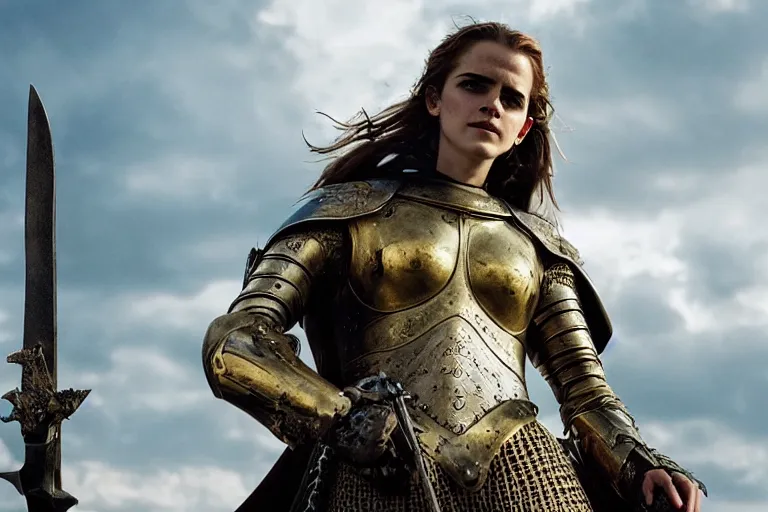 Prompt: promotional image of Emma Watson as Joan of Arc in the new movie directed by Christopher Nolan, full suit of gilded plate armor, verdant green fields, god rays, detailed face, holding a sword, movie still, promotional image, imax 70 mm footage