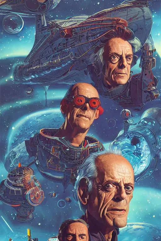 Prompt: Christopher Lloyd and David Tennant are space pirates, science fiction, retro cover, high details, intricate details, by vincent di fate, artgerm julie bell beeple, inking, screen print