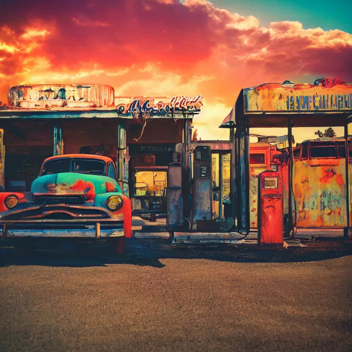 Image similar to a sunset light landscape with historical route 6 6, lots of sparkling details and sun ray ’ s, blinding backlight, smoke, volumetric lighting, colorful, octane, 3 5 mm, abandoned gas station, old rusty pickup - truck, beautiful epic colored reflections, very colorful heavenly, softlight