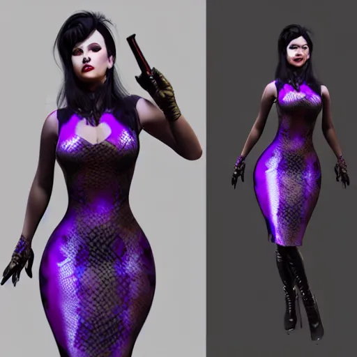 Prompt: curvy feminine hot goth woman with elegant purple snakeskin leather dress, camo pattern, cgsociety, photorealistic, sublime ambience, idealistic, 16k, smooth, sharp focus, trending on ArtStation, volumetric lighting, fully clothed, worksafe