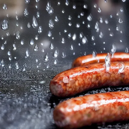 Prompt: a rainy day, but the rain is consisting of sausages, photorealistik, high quality