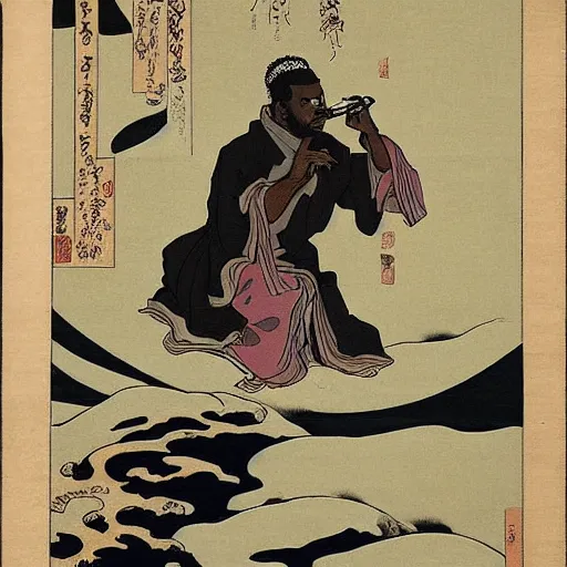 Image similar to GZA rapping, portrait, style of ancient text, hokusai