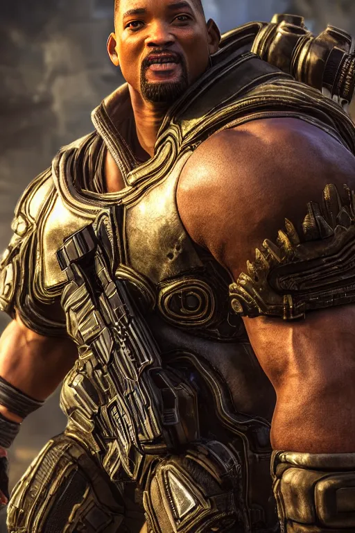 Prompt: Will smith as a muscular Gears of War character, photorealism, half body, HDR ambient background, unreal engine 5, hyperrealistic, highly detailed, XF IQ4, 150MP, 50mm, F1.4, ISO 200, 1/160s, cinematic lights, Adobe Lightroom, photolab, Affinity Photo, PhotoDirector 365, realistic