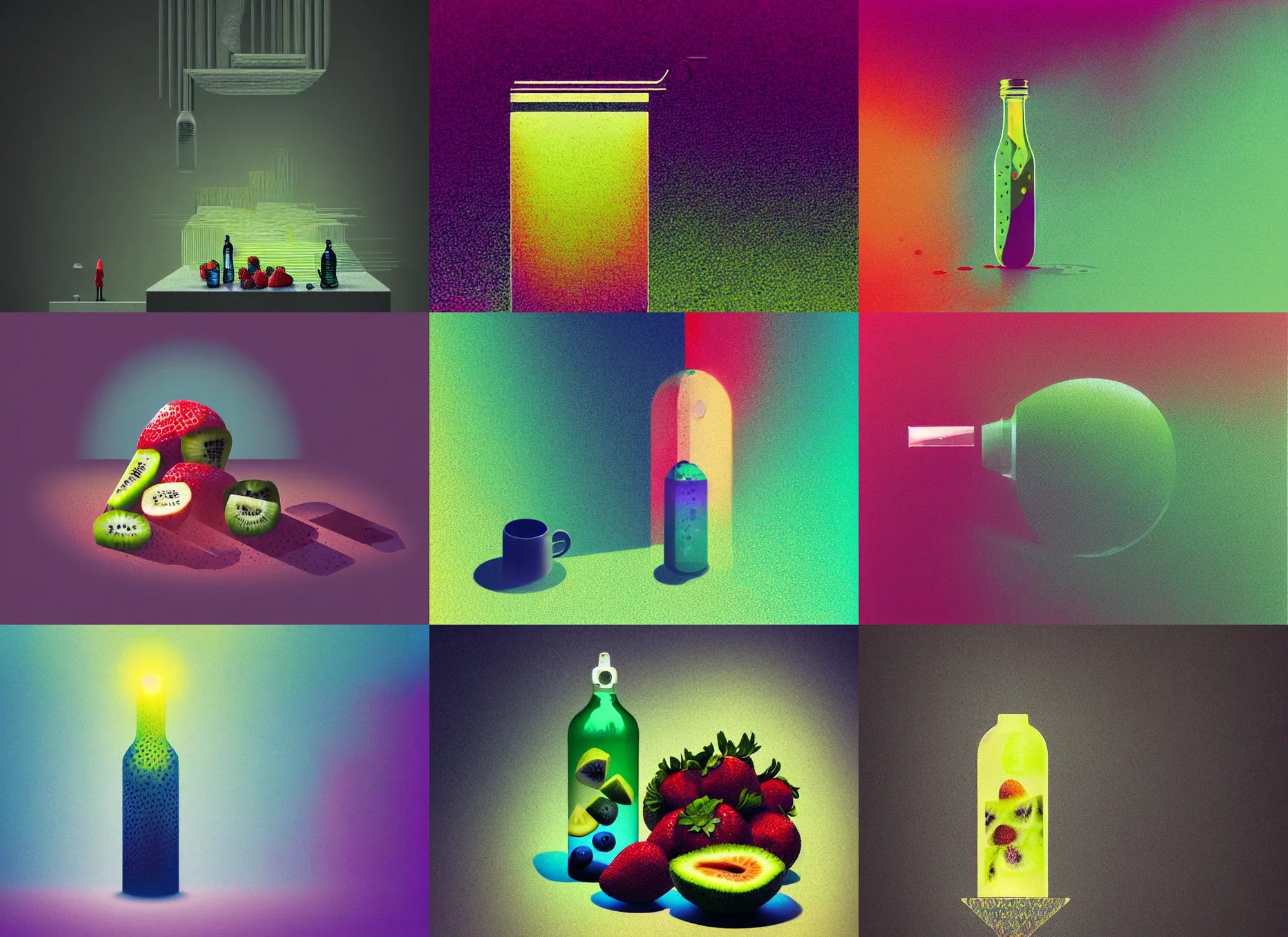 Prompt: ( ( dither ) ), editorial illustration strawberries blueberries sliced kiwi sliced lemon inside a clear drinking bottle, isometric, modern art deco, ( ( mads berg ) ), karolis strautniekas, christopher balaskas, stippled light, fog, fine texture, dynamic composition, matte print, unreal engine