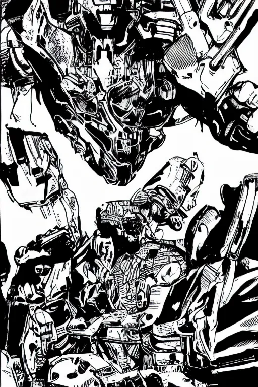 Image similar to ultron, a page from cyberpunk 2 0 2 0, style of paolo parente, style of mike jackson, 1 9 9 0 s comic book style, white background, ink drawing, black and white