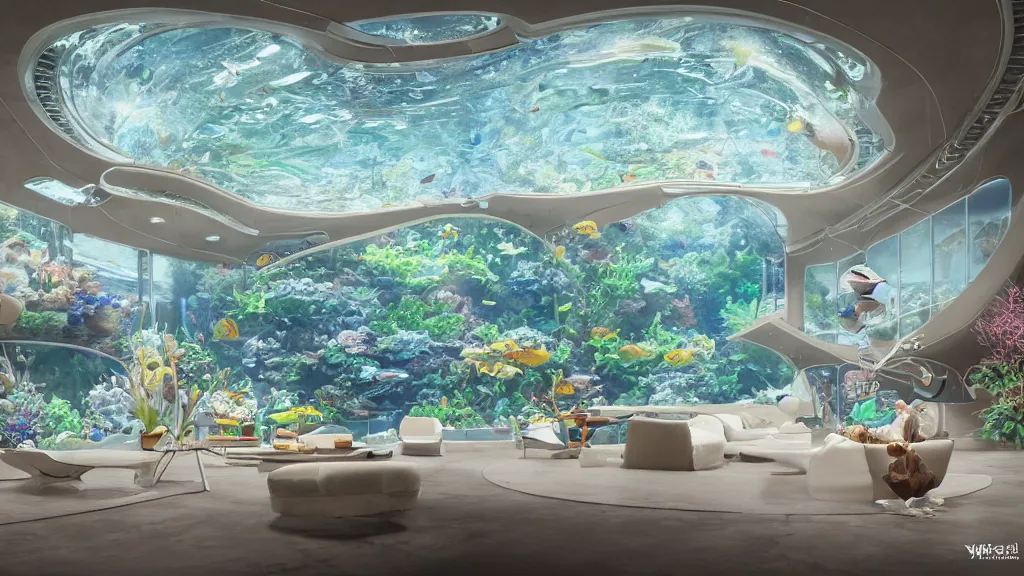 Image similar to a wide angle, utopian dreamy retrofuturistic aquarium observation room, wabi - sabi, white smooth glossy plastic walls, windows to underwater aquatic views, by vincent callebaut and james jean and nikita replyanski and mark ryden, vray render 4 k