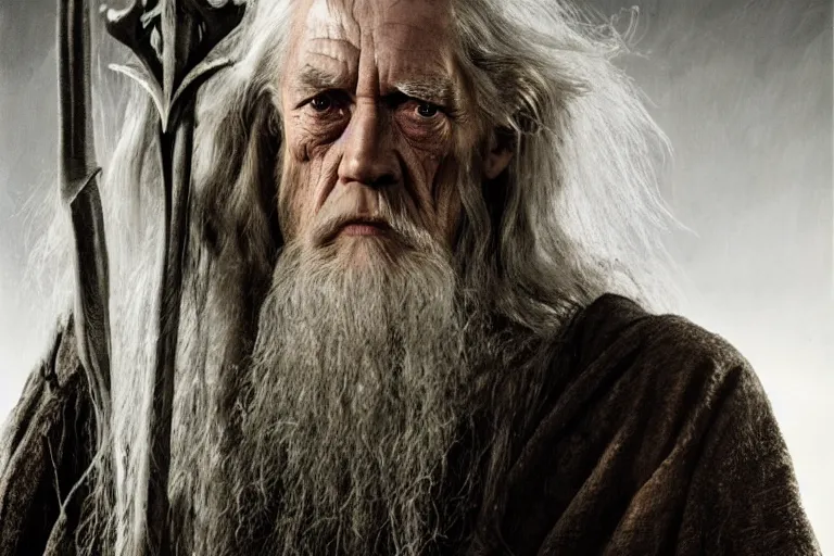 Prompt: gandalf with the face of lance henriksen stood outside orthanc, style of h. r. giger, directed by david fincher, muted tones, detailed