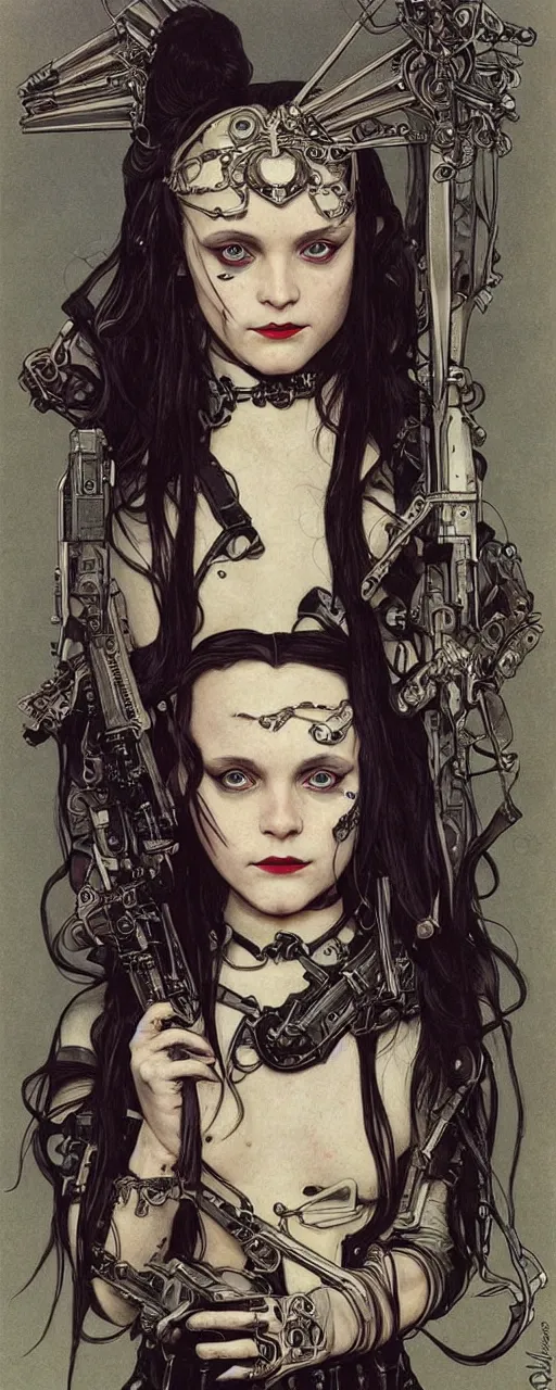 Image similar to beautiful stunning sci - fi art nouveau portrait of wednesday addams as a mad max style thrashpunk rebel soldier by michael kaluta, moebius and alphonse mucha, photorealism, extremely hyperdetailed, perfect symmetrical facial features, perfect anatomy, ornate declotage, weapons, circuitry, high technical detail, determined expression, piercing gaze