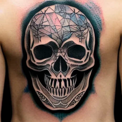 Image similar to tattoo design, stencil, tattoo stencil, traditional, a world famous tattoo of a geometric skull with a galaxy coming out of the top of its head-s 100