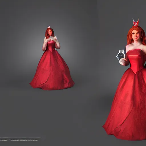 Image similar to red head queen gown, full body, alice in wonderland theme, disney photo realistic, octane render, 8 k, unreal engine, hd, cinematic lighting