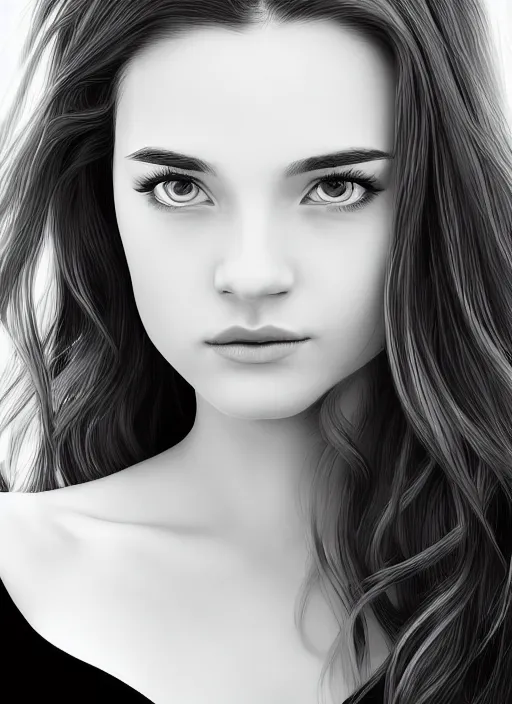 Image similar to full body portrait of a beautiful young woman in black and white, photorealistic, hair down to waist, sharp focus, in the style of Kevin Kostic, Stephen Lau and artgerm, hyper sharp focus, 8k highly detailed