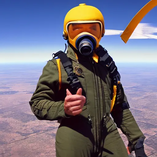 Image similar to a film still of a jet pilot wearing a flight suit and gas mask, attached to a parachute, in the sky, 8k