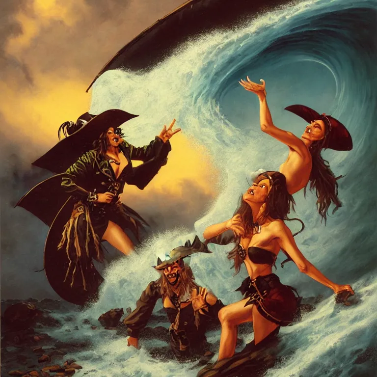 Prompt: a pirate witch summoning a giant wave by mark arian and art frahm and earl moran and fritz willis