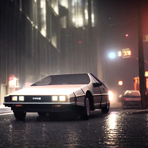 Image similar to hyperdetailed, photorealistic photograph of a dmc 1 2 delorean driving in the streets, rain, night, dense fog, hd, unreal engine 5