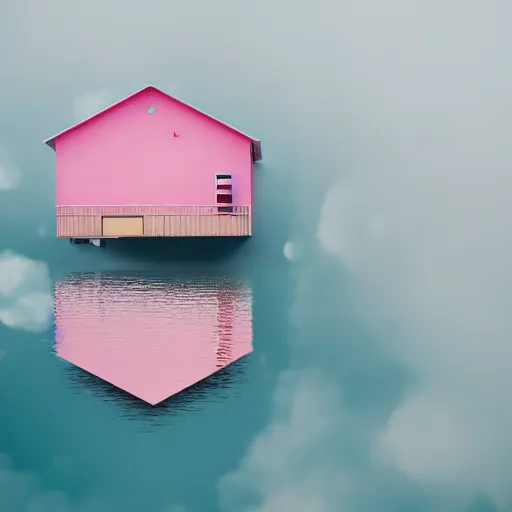Image similar to a 5 0 mm lens photograph of a cute pink floating modern house, floating in the air between clouds, inspired by the movie up, held up from above by heartshaped ballons. mist, playful composition canon, nikon, award winning, photo of the year