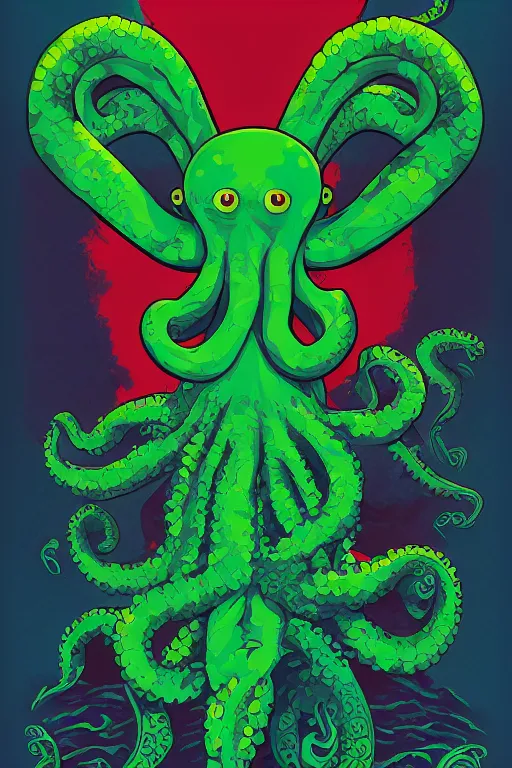 Prompt: a movie poster for the film (green Octopus and Cthulhu dancing) by Tom Whalen, highly detailed, award winning creature portrait, fantasy, artstation