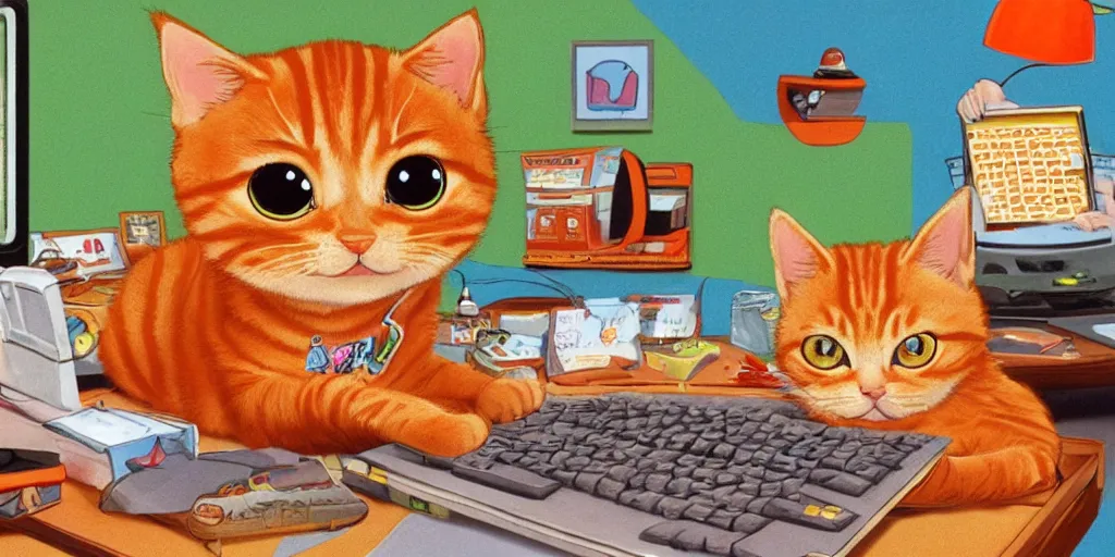 Image similar to an orange tabby kitten playing pc games by richard scarry