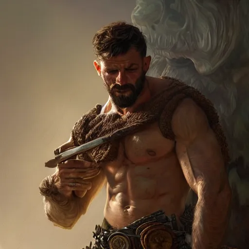 Image similar to portrait of a rugged ranger, muscular, upper body, hairy torso, D&D, fantasy, intricate, elegant, highly detailed, digital painting, artstation, concept art, matte, sharp focus, illustration, art by Artgerm and Greg Rutkowski and Alphonse Mucha