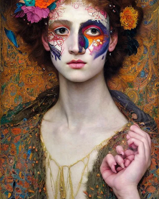 Image similar to a beautiful girl wearing colourful face paint surrounded by colourful intricate patterns, by edgar maxence and caravaggio and michael whelan, intricate painting, hyper realistic, extremely detailed and beautiful aesthetic face, 8 k resolution
